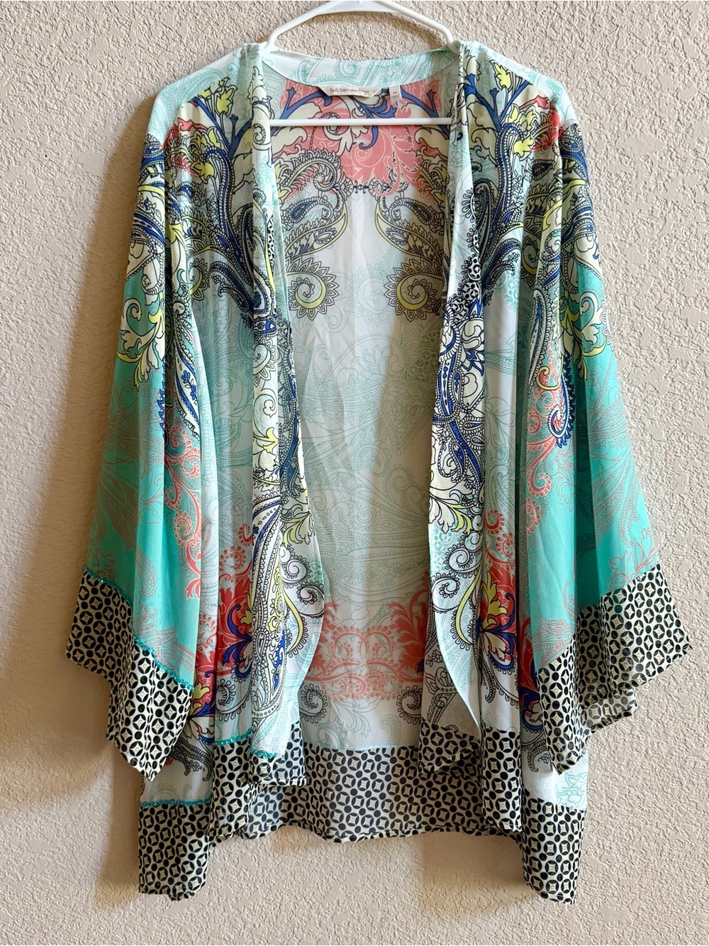 Soft Surroundings Floral Muse Printed Kimono Flowy Women’s 3X Cardigan Aqua Boho